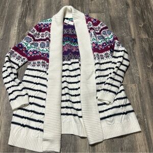 Talbots Christmas Sweater Women's Size XL White Fair Isle Open Front Cardigan